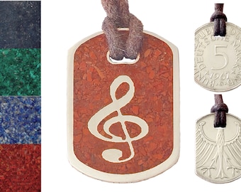 Anhänger Dog Tag 5 DM "Notenschlüssel" mit Inlay und Baumwollband, original Münze, Silber 625er + Schmuckbeutel
