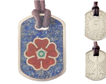 Pendant Dog Tag 5 DM "Flower" with inlay and cotton ribbon, original coin, silver 625 + jewelry bag