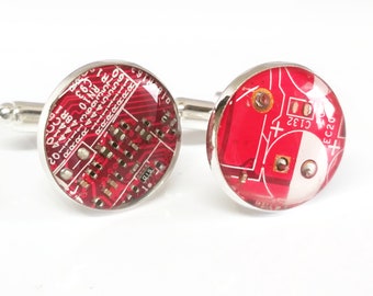1 pair of upcycling metal cufflinks Ø 17.8 mm computer circuit board in red