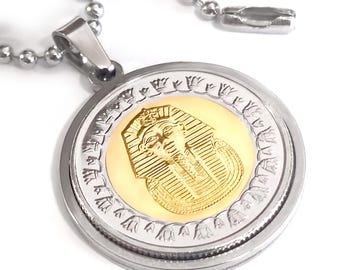 Tutankhamun coin pendant made of stainless steel, Egypt 1 pound + ball chain, optional engraving