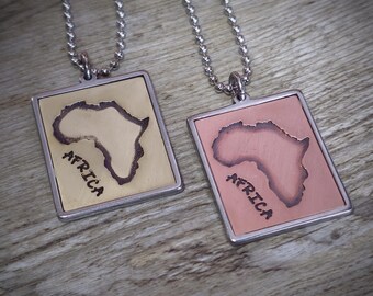 Pendant AFRICA stainless steel - copper / brass • Vintage + jewelry bag + stainless steel ball chain 60 cm