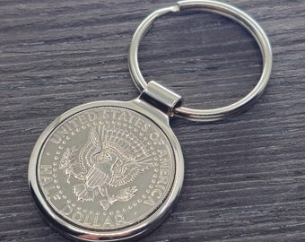 Metall Schlüsselanhänger USA Kennedy half Dollar mit einer original Münze - personalisierbar