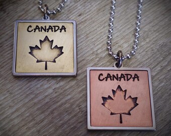 CANADA pendant stainless steel - copper / brass • Vintage + jewelry bag + stainless steel ball chain 60 cm