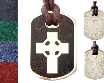 Anhänger Dog Tag 5 DM "Kreuz" mit Inlay und Baumwollband, original Münze, Silber 625er + Schmuckbeutel