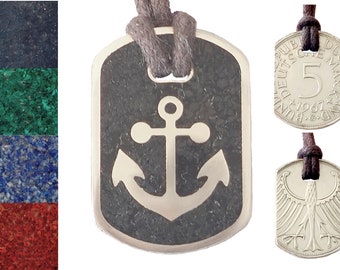 Pendant Dog Tag 5 DM "Anchor" with inlay and cotton band, original coin, silver 625 + jewelry bag