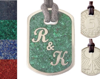 Pendant Dog Tag 5 DM "Initials" with inlay and cotton ribbon, original coin, silver 625 + jewelry bag