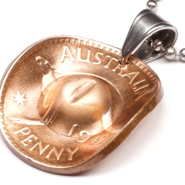 Pendentif chapeau de cowboy pièce d'un penny kangourou australien avec chaîne boule