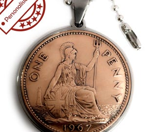 Stainless steel coin pendant with UK motif BRITANNIA - 1 Penny, optional engraving, pendant