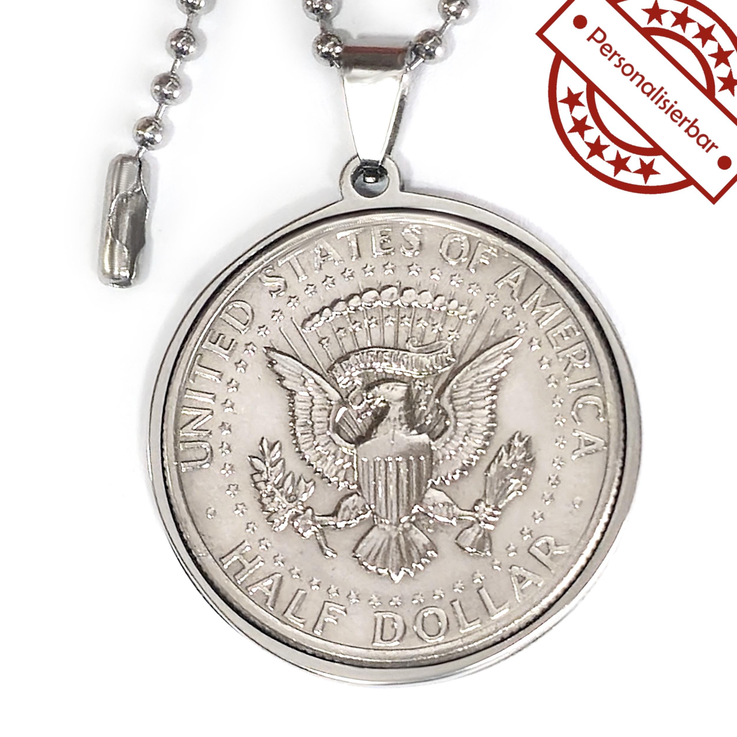 Münzanhänger USA STAATSSIEGEL aus Edelstahl - 1/2 Dollar Kennedy half + Kugelkette, optional mit Gravur Anhänger