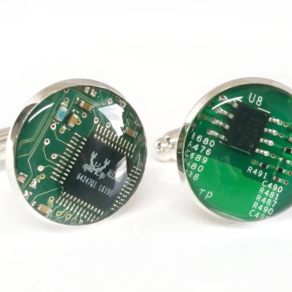 1 paire de boutons de manchette en métal upcyclé Ø 17,8 mm circuit imprimé informatique vert