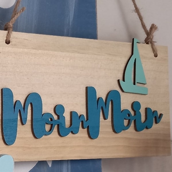 Decorative lettering "Moin Moin" made of wood