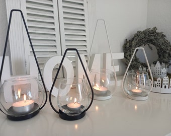 Glass lantern for standing and hanging, black or white