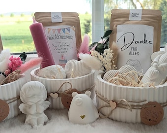 Geschenkset mit Tee, 11-teilig, Kerze und Kantenhocker, Geschenkset für Frauen, Mitbringsel, wähle zwischen 17 Kerzenfarben, Schale mit Tee