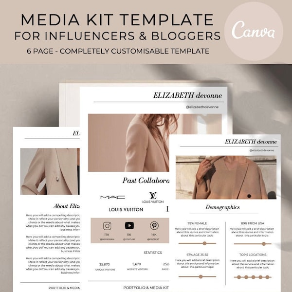 MEDIA KIT for influencers and bloggers. Press kit, Rates sheet, About page -Canva template.