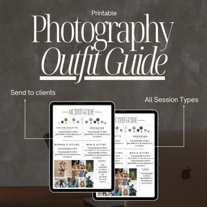 Op de afbeelding: Afdrukbare fotografie-outfitgids met de tekst "Verzenden naar klanten" en "Alle sessietypen". Twee tablets tonen de gids, met kleurpaletten, kledingtips en outfit suggesties. Een smartphone en een laptop zijn ook zichtbaar.