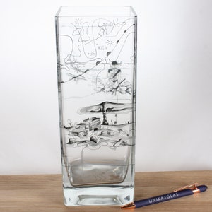 Schaper-Vase mit kunstvoller Glasmalerei, Weltkarte Thema Klima, Gebrannte Malerei, Kontur-Malerei, Emaille-Farbe, einzigartiges Unikat