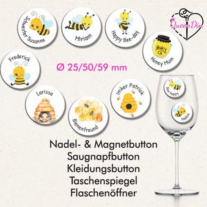 Button "Bienen" (009) Ø25/50/59 mm mit Wunschname | Ansteckbutton | Magnet | Kleidungsbutton | Taschenspiegel | Öffner | Glasmarkierer