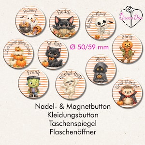 Könnte beinhalten: Eine Sammlung runder Buttons mit Halloween-Motiven wie Geistern, Skeletten, Kürbissen und Kreaturen auf gestreiftem Hintergrund. Jeder Button zeigt einen Namen oder Text. Die Artikel haben einen Durchmesser von 50 mm oder 59 mm.