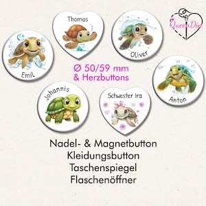Button "Schildkröte" (108) Ø50/59 mm, Herzbutton mit Wunschname | Ansteckbutton | Magnet | Kleidungsbutton | Taschenspiegel | Flaschenöffner