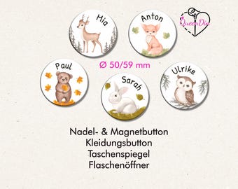 Button "Waldtiere" (141) Ø50/59 mm mit Wunschname | Ansteckbutton | Magnet | Kleidungsbutton | Taschenspiegel | Flaschenöffner