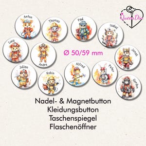 Button "Feuerwehrtiere" (032) Ø50/59 mm mit Wunschname | Ansteckbutton | Magnet | Kleidungsbutton | Taschenspiegel | Flaschenöffner