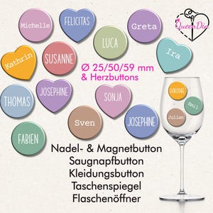 Buttons "Nordic" (080) Ø25/50/59 mm, Herzbutton mit Wunschname | Ansteckbutton | Magnet | Kleidungsbutton | Spiegel | Öffner | Glasmarkierer