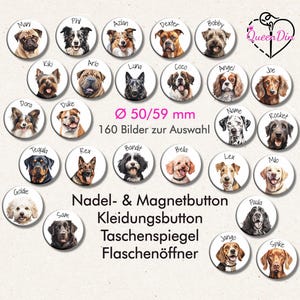 Button "Hund" (056) Ø50/59 mm mit Wunschname | Ansteckbutton | Magnet | Kleidungsbutton | Taschenspiegel | Flaschenöffner
