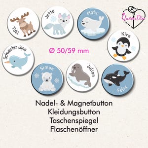 Button "Arktistiere" (002) Ø50/59 mm mit Wunschname | Ansteckbutton | Magnet | Kleidungsbutton | Taschenspiegel | Flaschenöffner