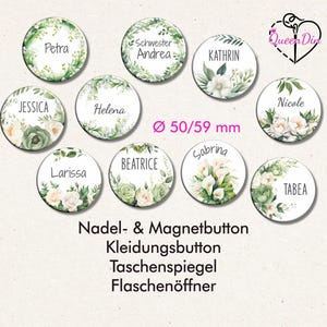 Button "Weiße Blumen" (147) Ø50/59 mm mit Wunschname | Ansteckbutton | Magnet | Kleidungsbutton | Taschenspiegel | Flaschenöffner
