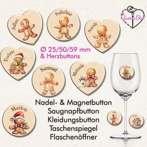 Könnte beinhalten: Eine Sammlung runder und herzförmiger Buttons mit Lebkuchenmann-Illustrationen und personalisierten Namen. Der Text umfasst Ø 25/50/59 mm & Herzbuttons, Nadel- & Magnetbutton, Saugnapfbutton, Kleidungsbutton, Taschenspiegel, Flaschenöffner.