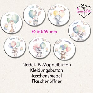 Button "Kindergeburtstag" (060) Ø50/59 mm mit Wunschname | Ansteckbutton | Magnet | Kleidungsbutton | Taschenspiegel | Flaschenöffner
