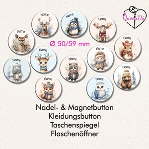 Button "Wintertiere" (150) Ø50/59 mm mit Wunschname | Ansteckbutton | Magnet | Kleidungsbutton | Taschenspiegel | Flaschenöffner