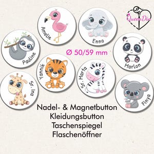 Button "Zootiere" (151) Ø50/59 mm mit Wunschname | Ansteckbutton | Magnet | Kleidungsbutton | Taschenspiegel | Flaschenöffner