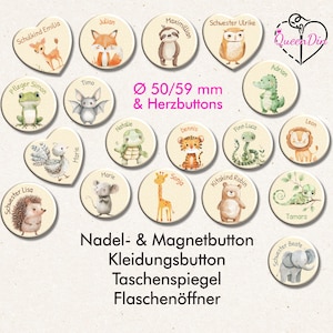 Button "Boho-Tiere" (017) Ø50/59 mm, Herzbutton mit Wunschname | Ansteckbutton | Magnet | Kleidungsbutton | Taschenspiegel | Flaschenöffner