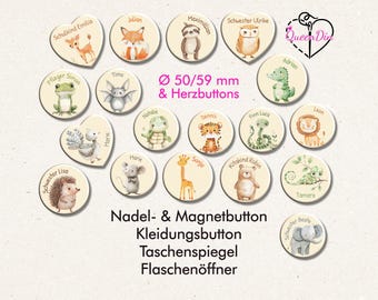 Button "Boho-Tiere" (017) Ø50/59 mm, Herzbutton mit Wunschname | Ansteckbutton | Magnet | Kleidungsbutton | Taschenspiegel | Flaschenöffner