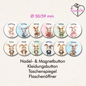 Button "Hase II" (051) Ø50/59 mm mit Wunschname | Ansteckbutton | Magnet | Kleidungsbutton | Taschenspiegel | Flaschenöffner
