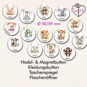 Button "Schaukeltiere" (107) Ø50/59 mm mit Wunschname | Ansteckbutton | Magnet | Kleidungsbutton | Taschenspiegel | Flaschenöffner