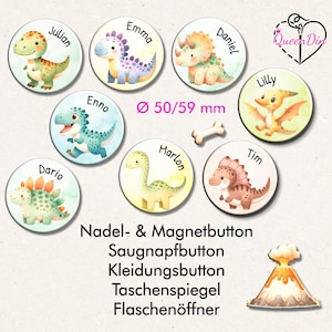 Button "Dino" (021) Ø50/59 mm mit Wunschname | Magnet | Kleidungsbutton | Taschenspiegel | Flaschenöffner