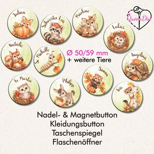 Könnte beinhalten: Eine Sammlung runder Buttons mit Illustrationen von Waldtieren wie Fuchs, Waschbär, Reh, Igel, Eichhörnchen, Raupe, Eule, Esel, roter Panda, Schildkröte und Wiesel, mit Namen und dem Text QueenDin, 50/59 mm + weitere Tiere, Nadel- & Magnetbutton, Kleidungsbutton, Taschenspiegel, Flaschenöffner.