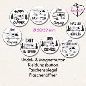 Button "Camping" (020) Ø50/59 mm Wohnwagen & Wohnmobil | Ansteckbutton | Magnet | Kleidungsbutton | Taschenspiegel | Flaschenöffner