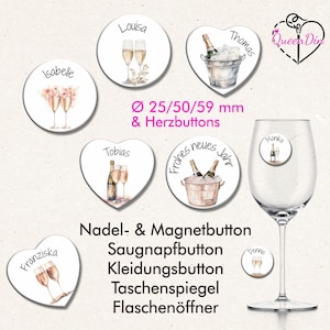 Button "Sekt" (118) Ø25/50/59 mm, Herzbutton mit Wunschname | Ansteckbutton | Saugnapfbutton | Magnet | Kleidungsbutton | Spiegel | Öffner