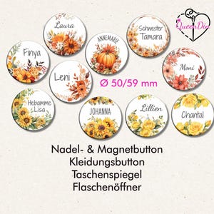 Button "Orange & gelbe Blumen" (082) Ø50/59 mm mit Wunschname | Ansteckbutton | Magnet | Kleidungsbutton | Taschenspiegel | Flaschenöffner