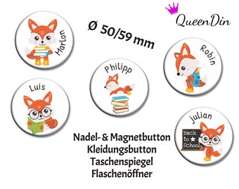 Button "Schlaufuchs" Ø50/59 mm mit Wunschname