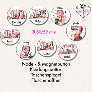 Button "Geburtstagszahlen - Kino" (042) Ø50/59 mm mit Wunschname | Ansteckbutton | Magnet | Kleidungsbutton | Taschenspiegel | Öffner