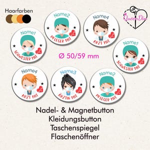 Könnte beinhalten: Sieben runde Buttons mit medizinischem Personal als Cartoon-Figuren mit Mundschutz, Kasack und Herz-Symbol. Jeder Button bietet Platz für einen Namen und deutschen Text. Durchmesser 50/59 mm. Enthält eine Haarfarben-Palette und das QueenDin-Logo.