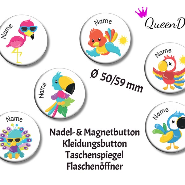 Button "Paradiesvogel" Ø50/59 mm mit Wunschname