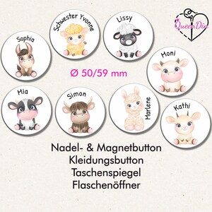 Button "Bauernhoftiere" (007) Ø50/59 mm mit Wunschname | Ansteckbutton | Magnet | Kleidungsbutton | Taschenspiegel | Flaschenöffner