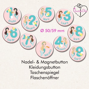 Button "Geburtstagszahlen Meerjungfrau" (043) Ø50/59 mm mit Wunschname | Ansteckbutton | Magnet | Kleidungsbutton | Taschenspiegel | Öffner
