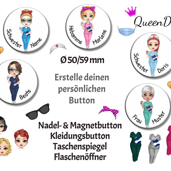 Persönlicher Button "Krankenschwester/Pflegerin" Ø50/59 mm mit Wunschname, ganz individuell nach Wünschen