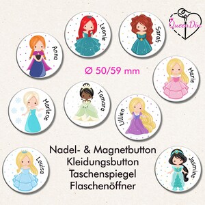 Button "Prinzessin" (097) Ø50/59 mm mit Wunschname | Ansteckbutton | Magnet | Kleidungsbutton | Taschenspiegel | Flaschenöffner